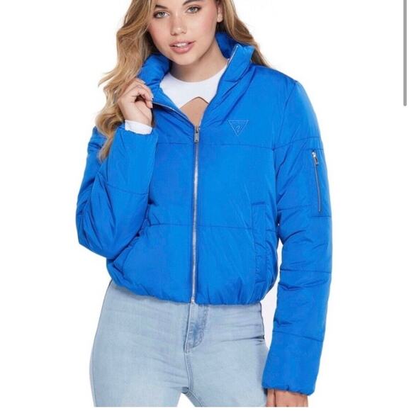 Guess Jacket Womens Small Blue Cropped Puffer Casual Lightweight Bomber Coat - Picture 1 of 12